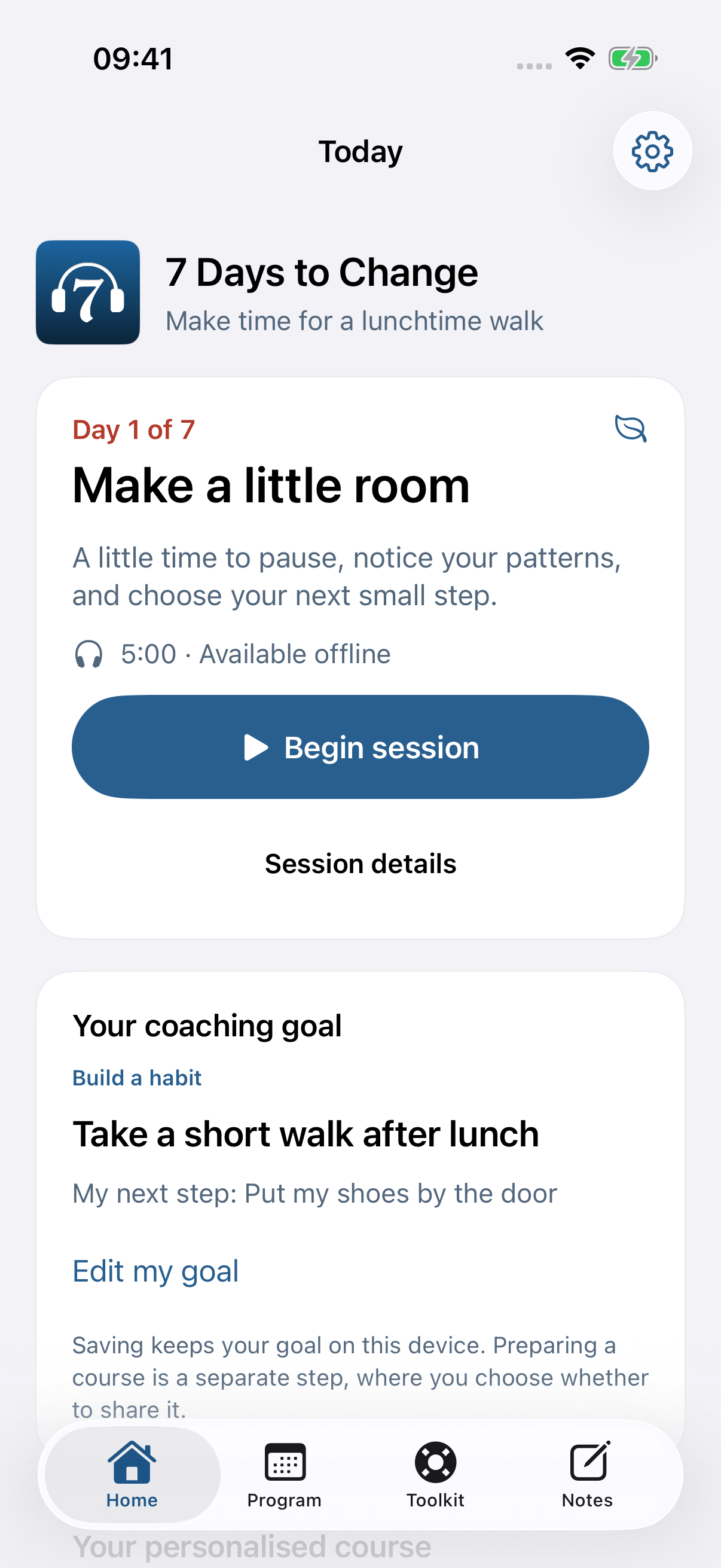 The current iPhone Home screen with a lunchtime walking course, a local goal and a small next step.